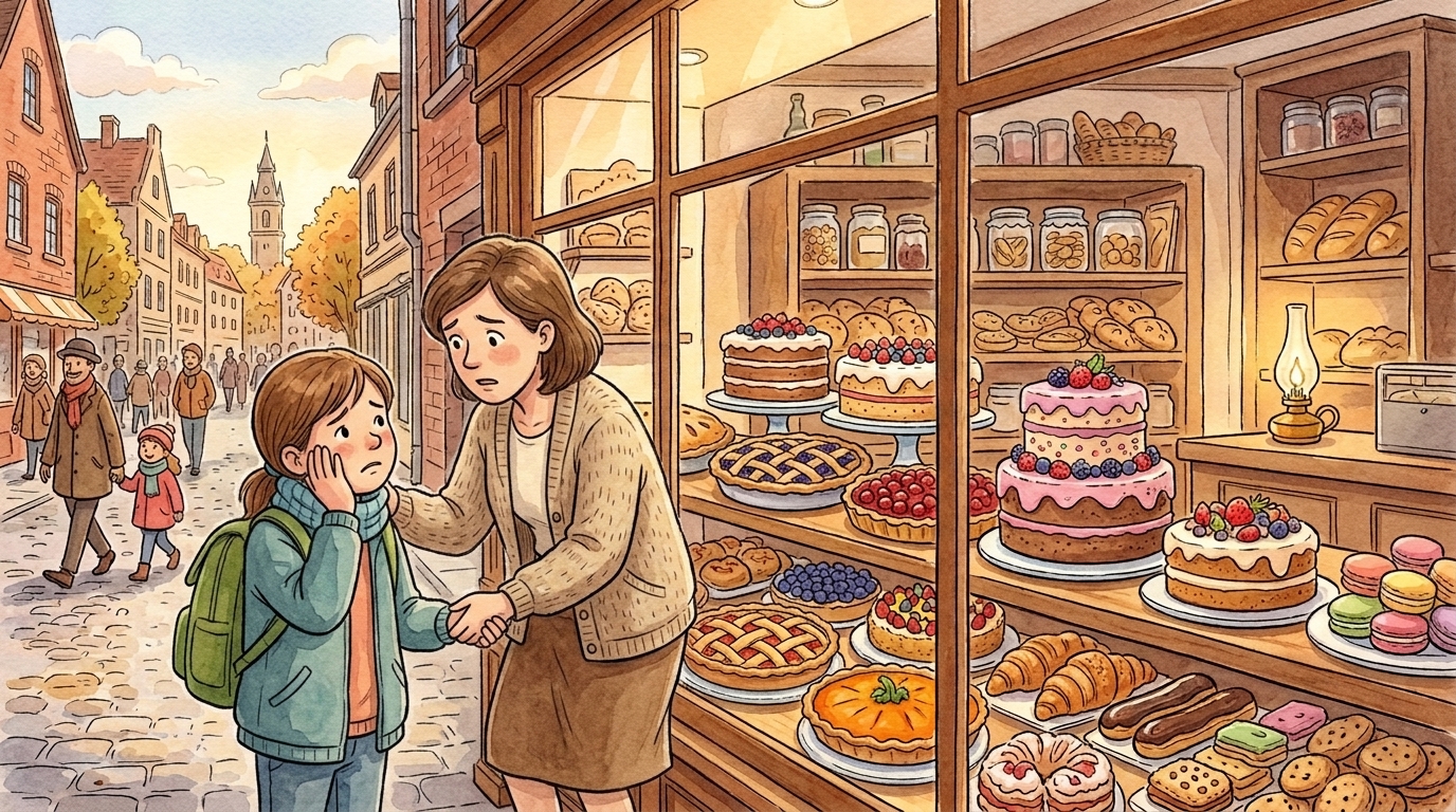Une fillette a mal aux dents, la main sur la joue, devant la vitrine d'une pâtisserie pleine de gâteaux ; sa maman, inquiète, pose la main sur son épaule